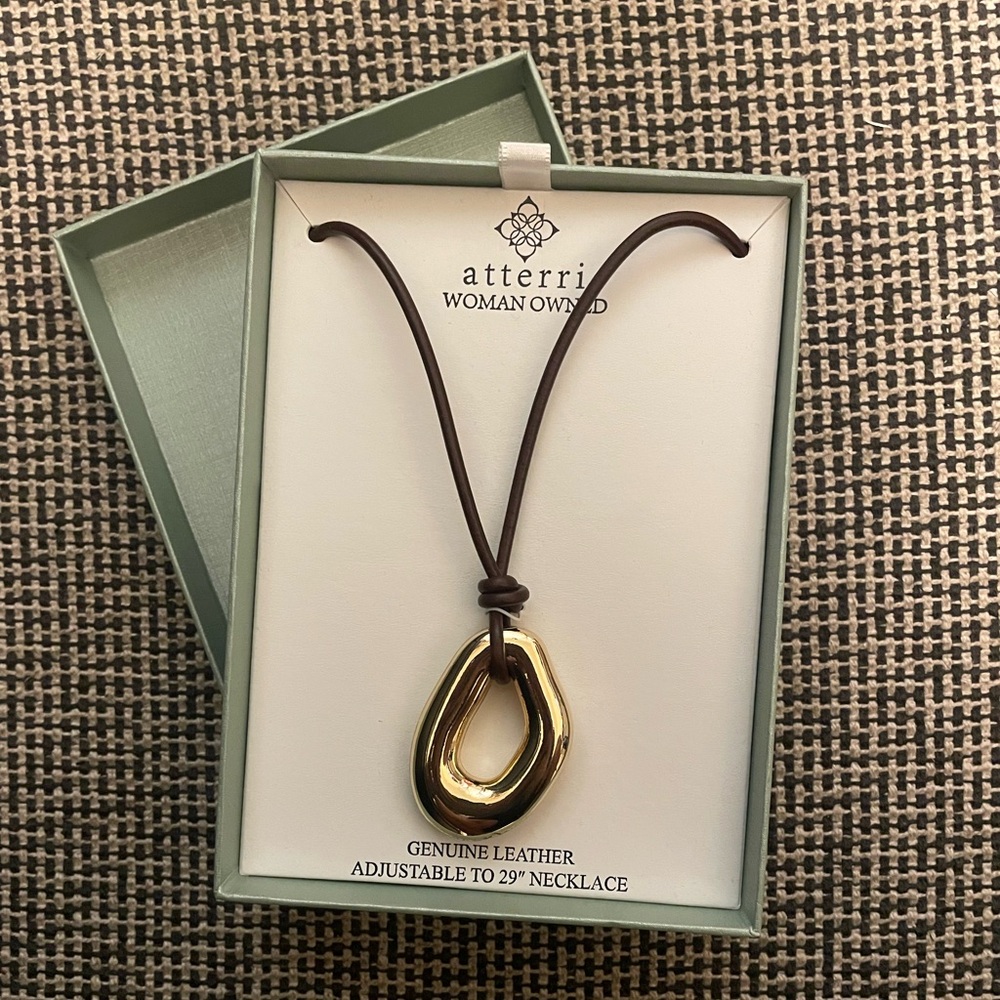 Atterri Gold Pendant Necklace on Brown Leather Cord